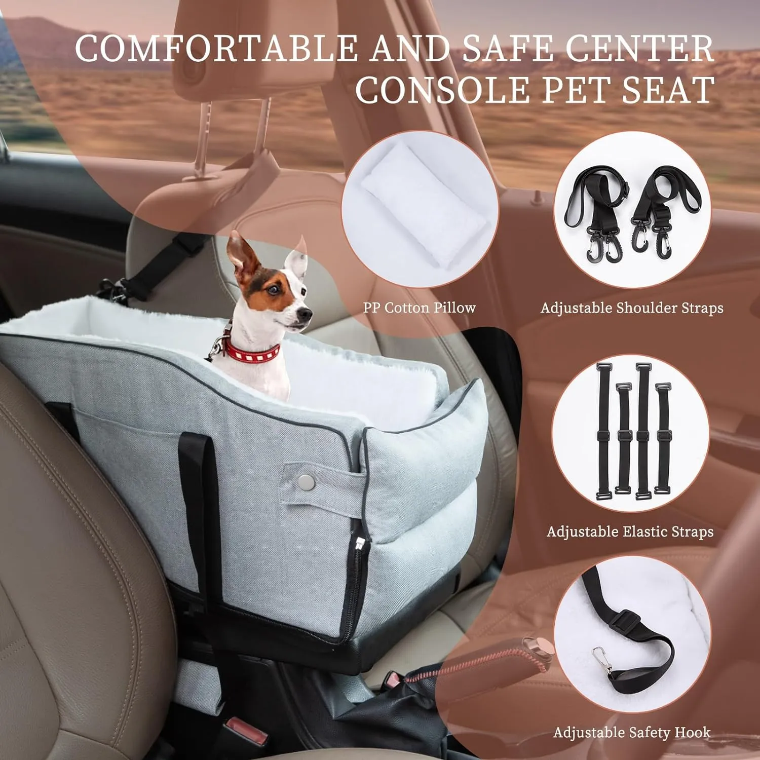 Center Console Dog Car Seat for Small Dogs Up to 12lbs, Detachable Armrest Pet Car Seat, Portable Middle Console Dog Booster Car Seat with Adjustable Straps, Storage Pocket & Safety Leash