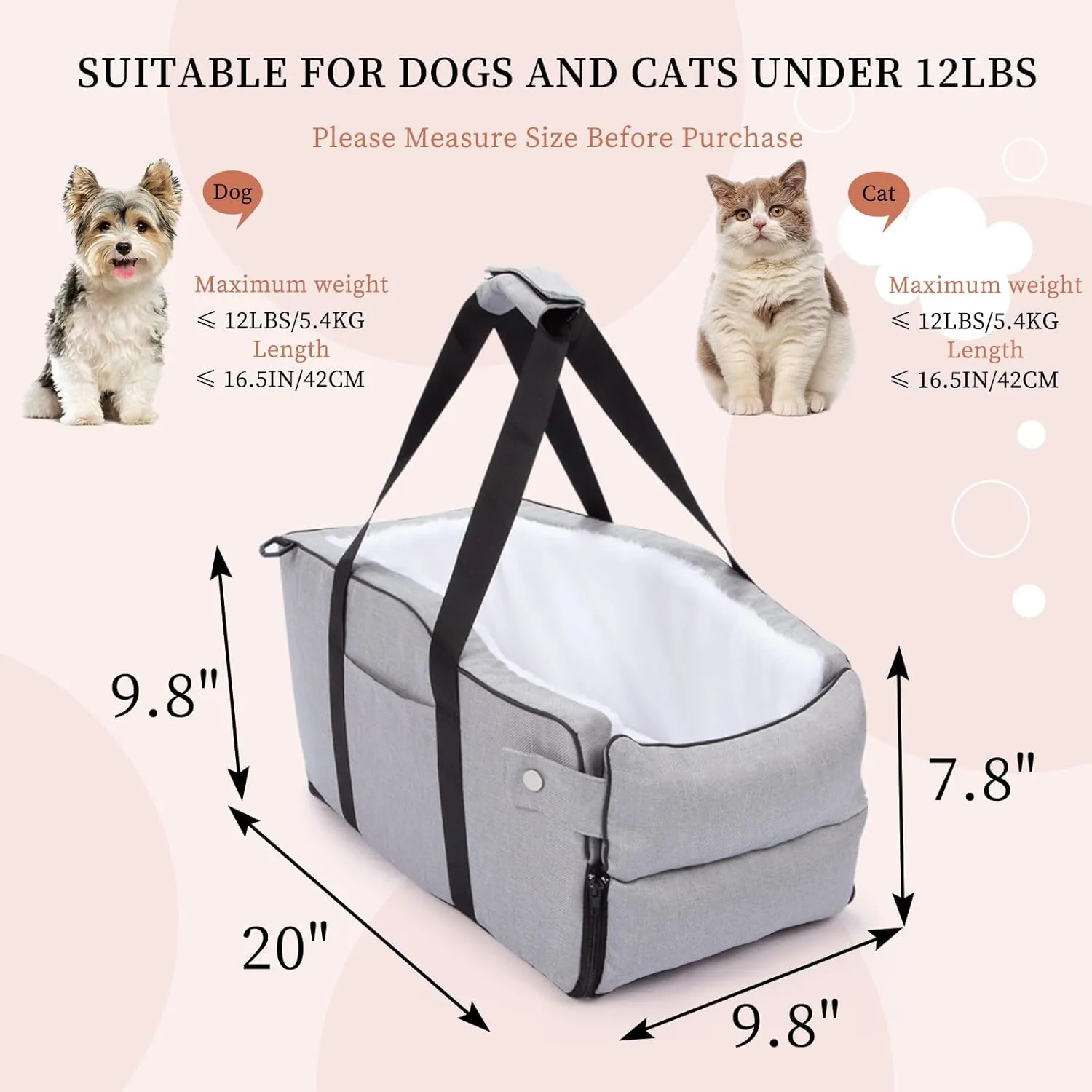 Center Console Dog Car Seat for Small Dogs Up to 12lbs, Detachable Armrest Pet Car Seat, Portable Middle Console Dog Booster Car Seat with Adjustable Straps, Storage Pocket & Safety Leash