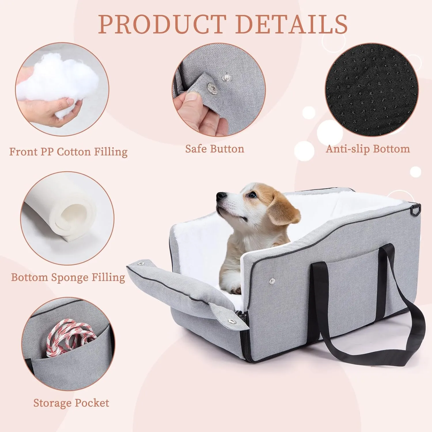 Center Console Dog Car Seat for Small Dogs Up to 12lbs, Detachable Armrest Pet Car Seat, Portable Middle Console Dog Booster Car Seat with Adjustable Straps, Storage Pocket & Safety Leash