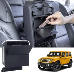 Center Console Hidden Organizer Box Compatible with Jeep Wrangler JL/JLU 4XE and Jeep Gladiator JT 2018-2023 2024 2025 Accessories Armrest Secret Compartment One-Touch Hidden Storage（Patent Design）