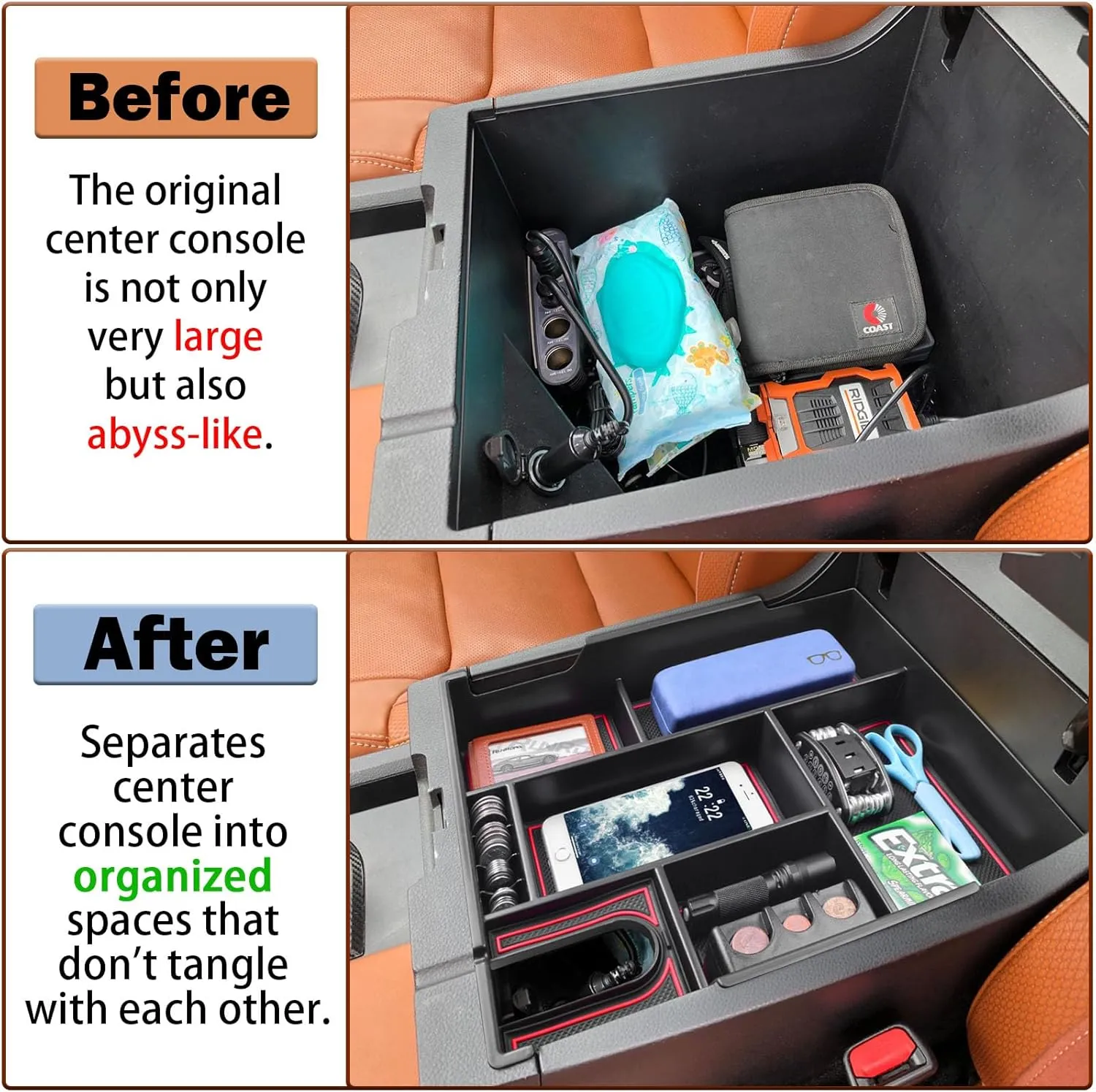 Center Console Organizer Full Cover Tray Compatible with Toyota Tundra 2014-2020 2021 Accessories, ABS Coin Holder Secondary Storage Box Insert Armrest Console Tray, Red
