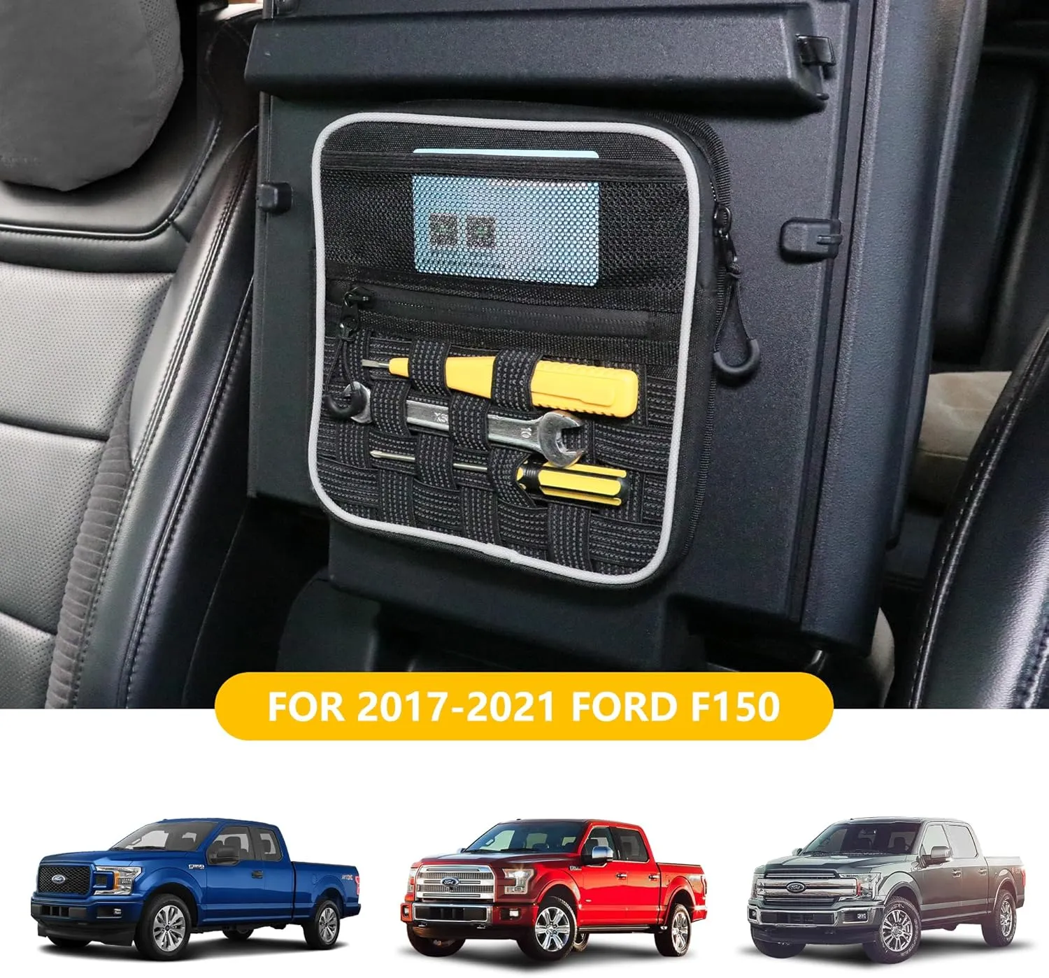 Center Console Organizer Storage Compatible with 2017 2018 2019 2020 2021 Ford F150 Accessories Console Organizer Armrest Hidden Bag with Tactical Webbing Molle Panel, Black