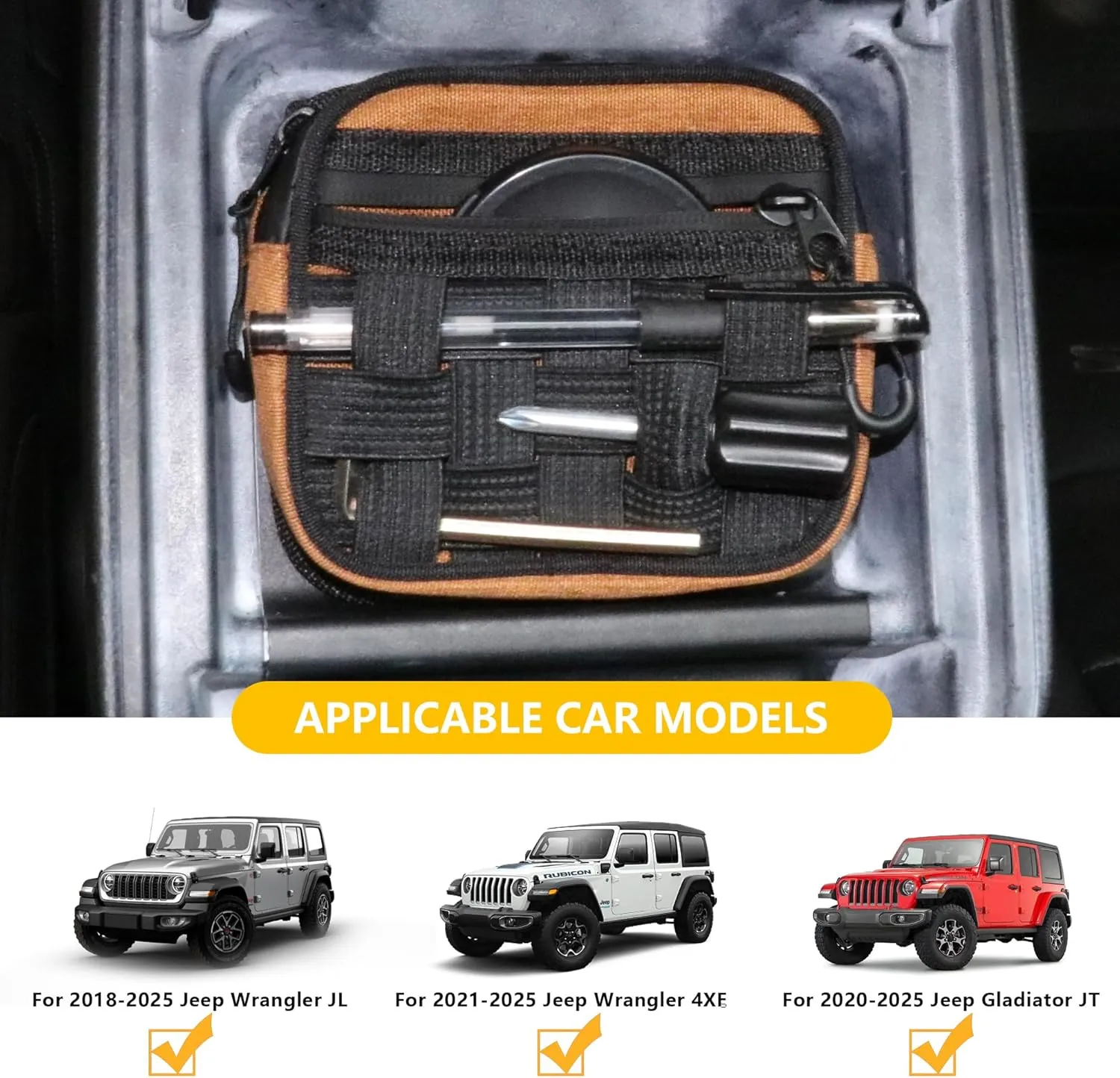 Center Console Organizer Storage Compatible with 2018-2025 Jeep Wrangler JL 4XE Gladiator JT Accessories Console Organizer Armrest Hidden Bag with Tactical Webbing Molle Panel, Orange