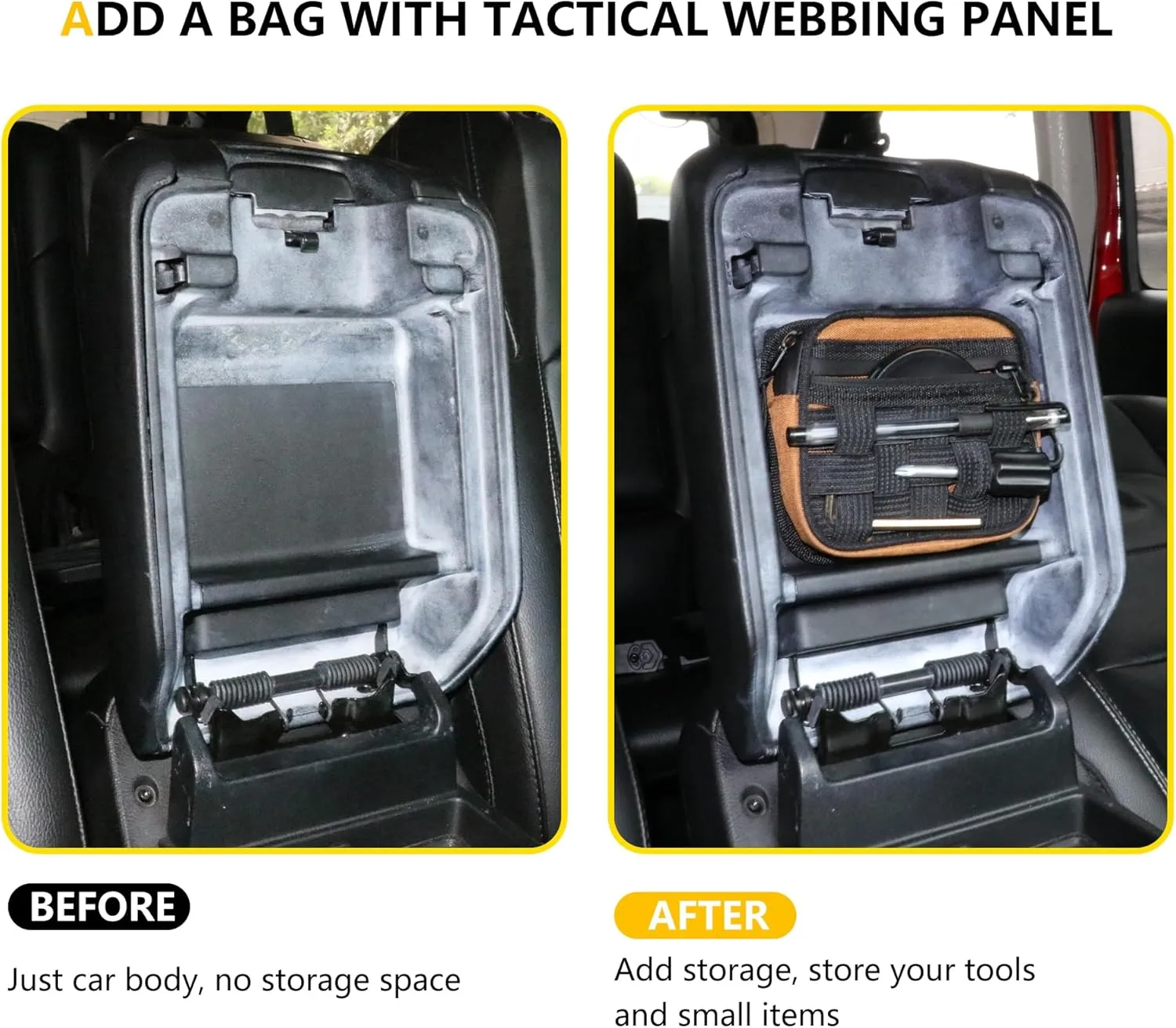 Center Console Organizer Storage Compatible with 2018-2025 Jeep Wrangler JL 4XE Gladiator JT Accessories Console Organizer Armrest Hidden Bag with Tactical Webbing Molle Panel, Orange