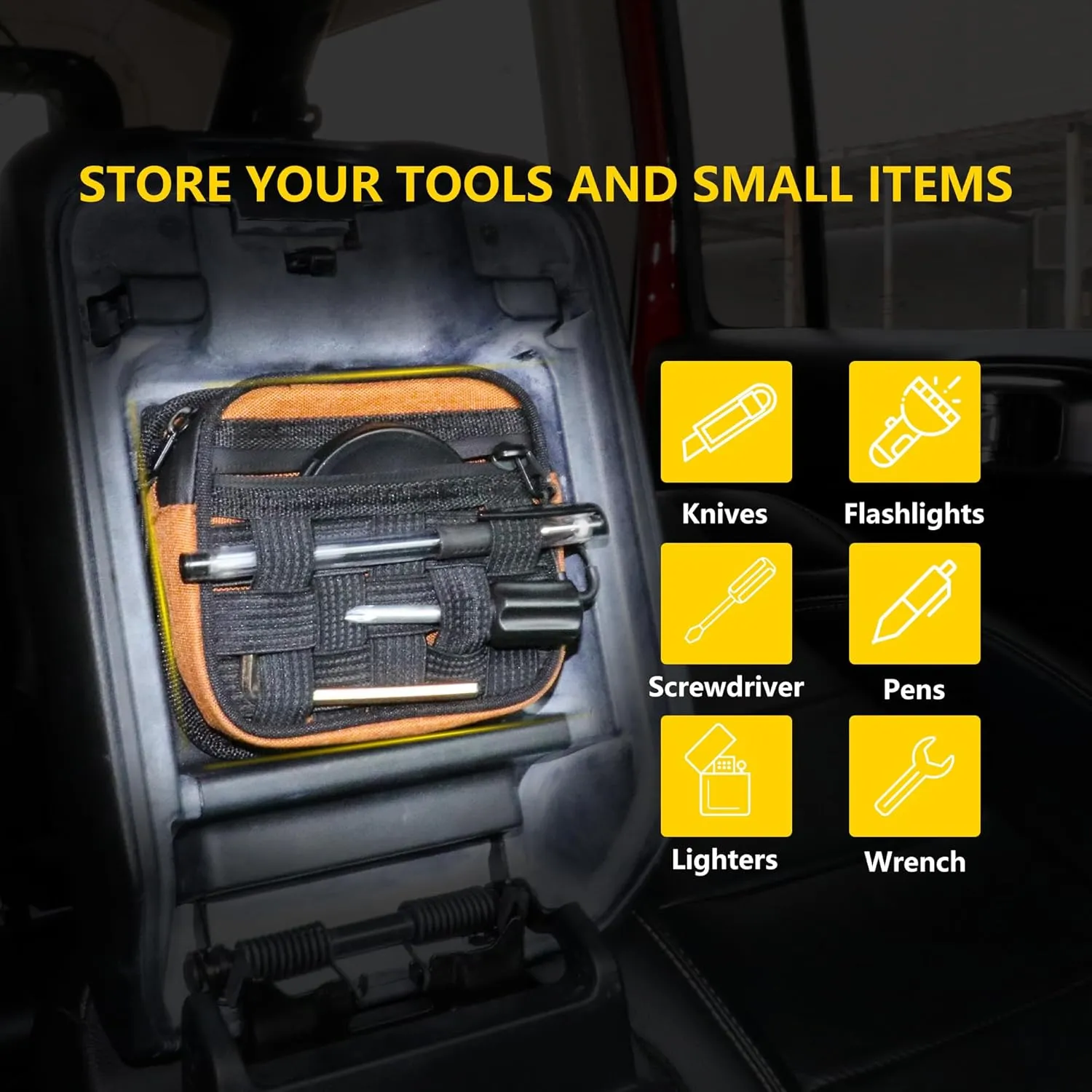 Center Console Organizer Storage Compatible with 2018-2025 Jeep Wrangler JL 4XE Gladiator JT Accessories Console Organizer Armrest Hidden Bag with Tactical Webbing Molle Panel, Orange