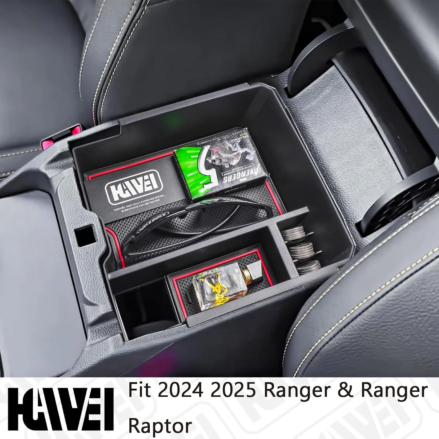 Center Console Organizer Tray Compatible with 2024 Ford Ranger & Ranger Raptor Interior Accessories, Coin Container Armrest Storage Box(Electric handbrake Version), Red
