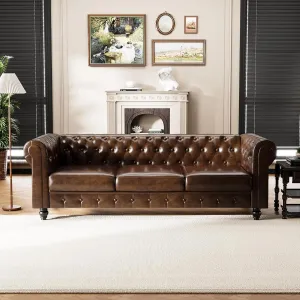 Chesterfield PU Leather Couch 3 Seater Sofa, 89" Modern Luxurious Large Button-Tufted Sofa Couch, Home Upholstered Deep Seat Sofa for Living Room Furniture Brown