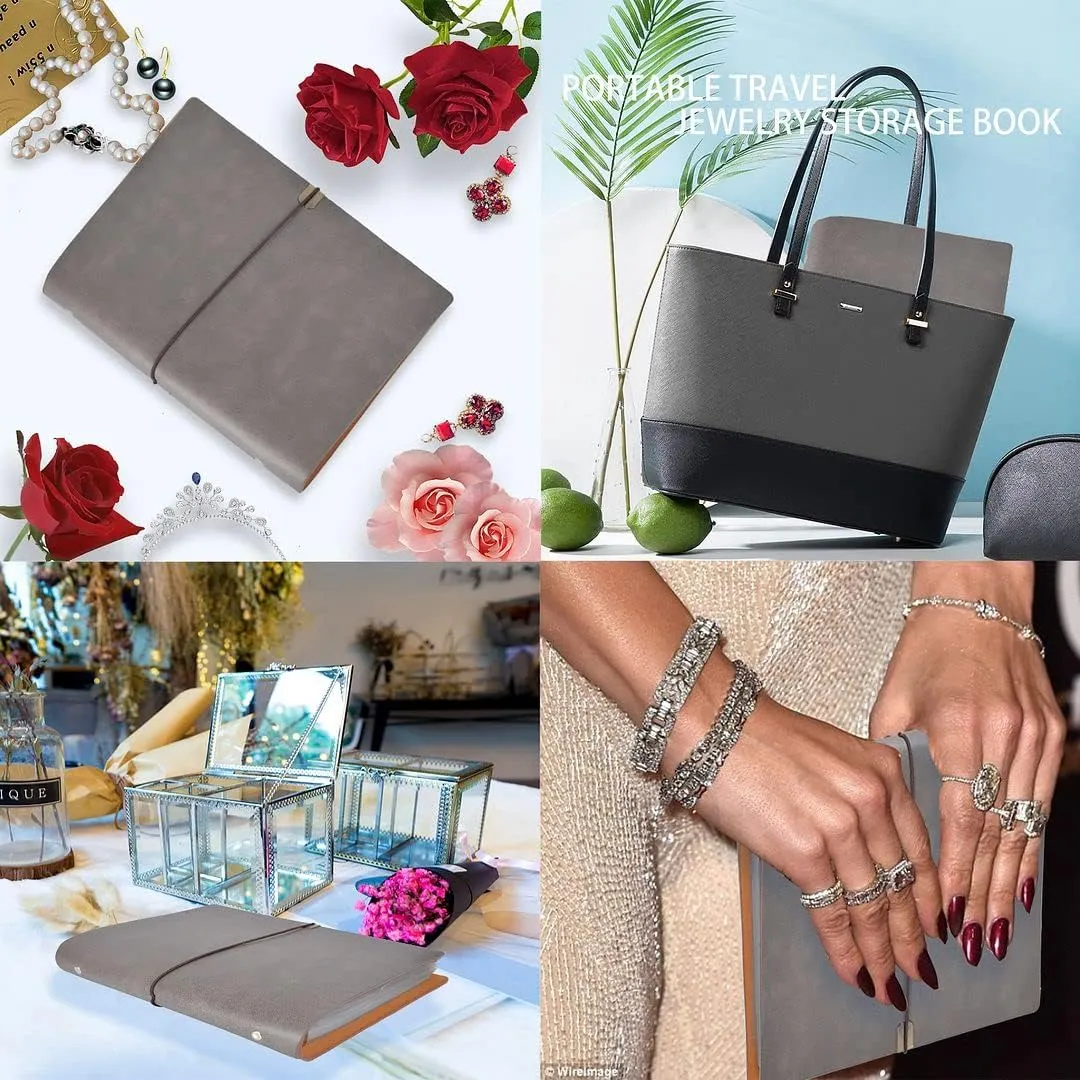 ChezMax Jewelry Organizer, Jewelry Storage Book with Pockets, Foldable Earrings Travel Album, PU Leather Accessories Holder Booklet for Necklace Rings (64 Grids 64 Anti-Oxidation PVC Bags) Grey