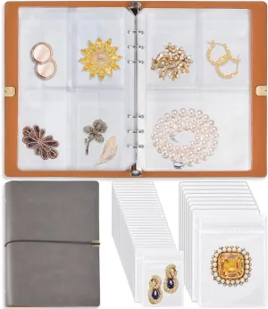 ChezMax Jewelry Organizer, Jewelry Storage Book with Pockets, Foldable Earrings Travel Album, PU Leather Accessories Holder Booklet for Necklace Rings (64 Grids 64 Anti-Oxidation PVC Bags) Grey