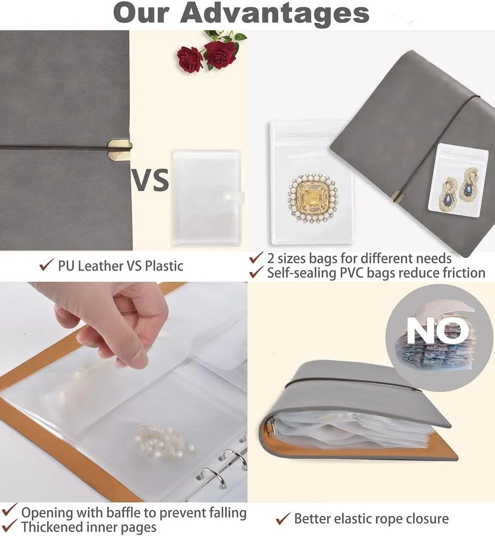 ChezMax Jewelry Organizer, Jewelry Storage Book with Pockets, Foldable Earrings Travel Album, PU Leather Accessories Holder Booklet for Necklace Rings (64 Grids 64 Anti-Oxidation PVC Bags) Grey