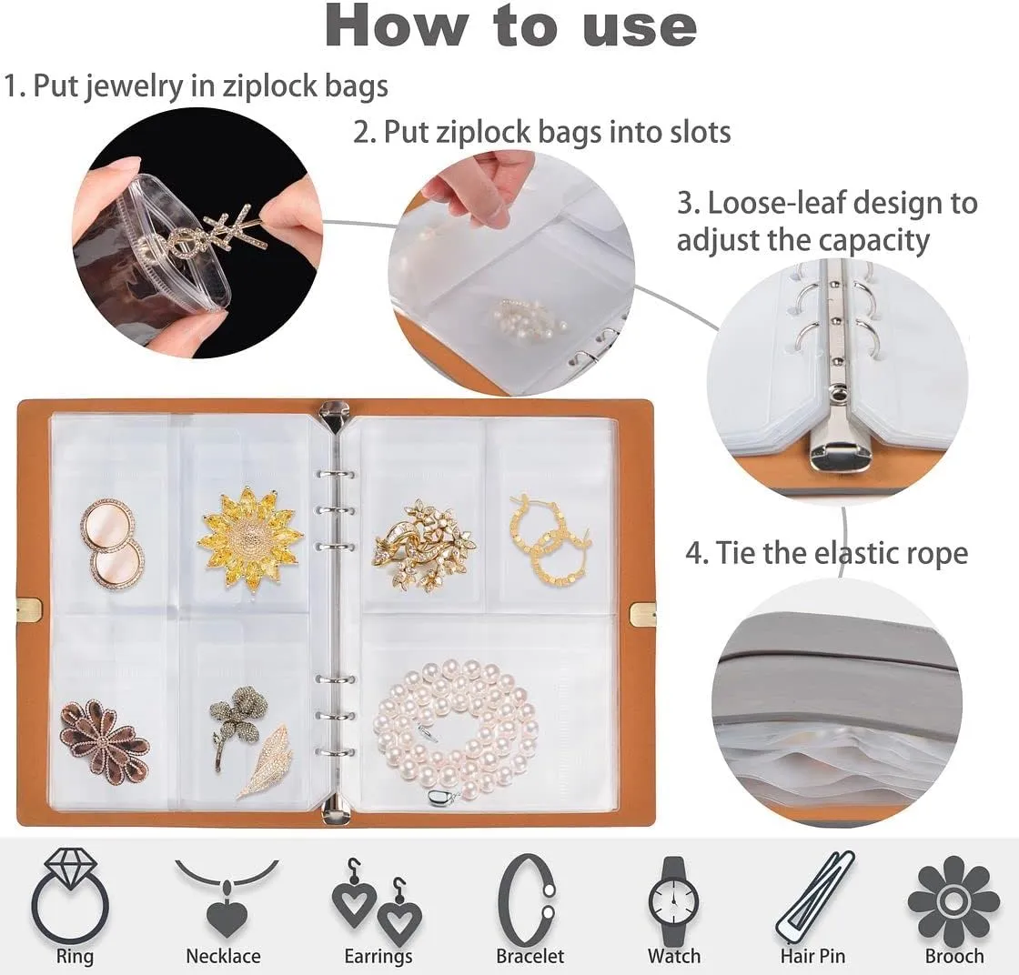 ChezMax Jewelry Organizer, Jewelry Storage Book with Pockets, Foldable Earrings Travel Album, PU Leather Accessories Holder Booklet for Necklace Rings (64 Grids 64 Anti-Oxidation PVC Bags) Grey