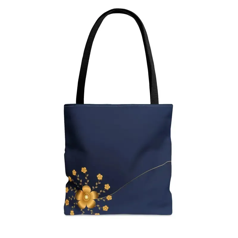 Chic Navy Blue Tote Bag with Elegant Gold Flowers