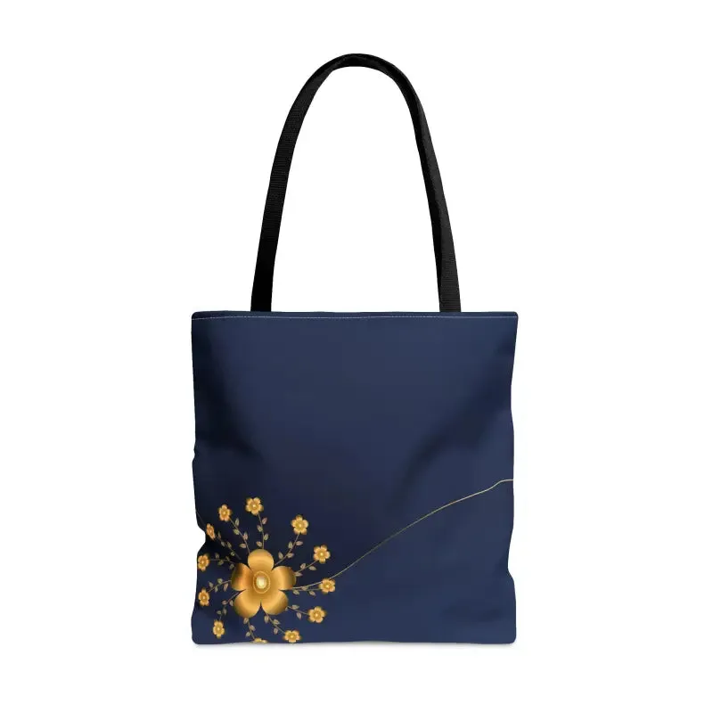 Chic Navy Blue Tote Bag with Elegant Gold Flowers