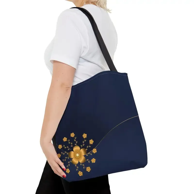 Chic Navy Blue Tote Bag with Elegant Gold Flowers