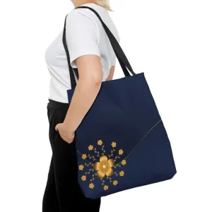 Chic Navy Blue Tote Bag with Elegant Gold Flowers