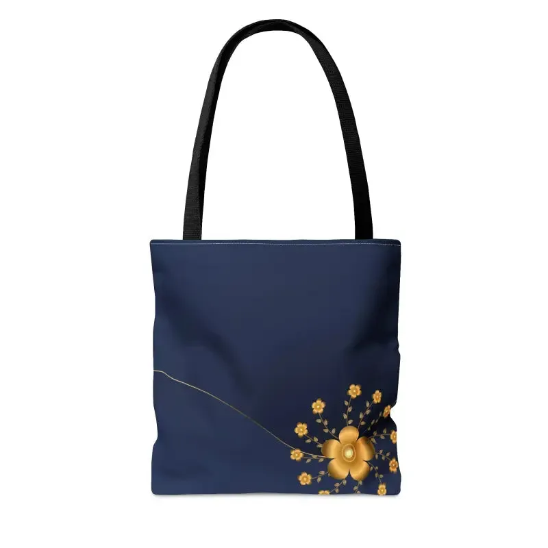 Chic Navy Blue Tote Bag with Elegant Gold Flowers