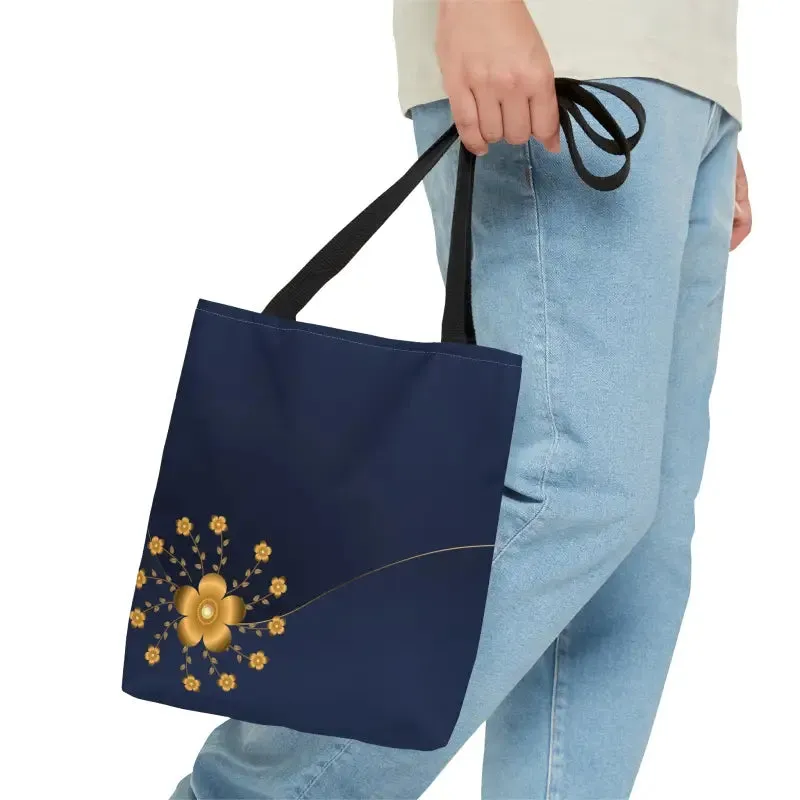 Chic Navy Blue Tote Bag with Elegant Gold Flowers