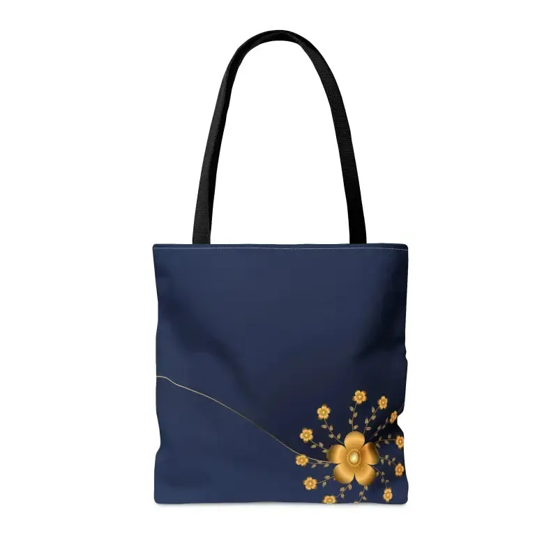 Chic Navy Blue Tote Bag with Elegant Gold Flowers