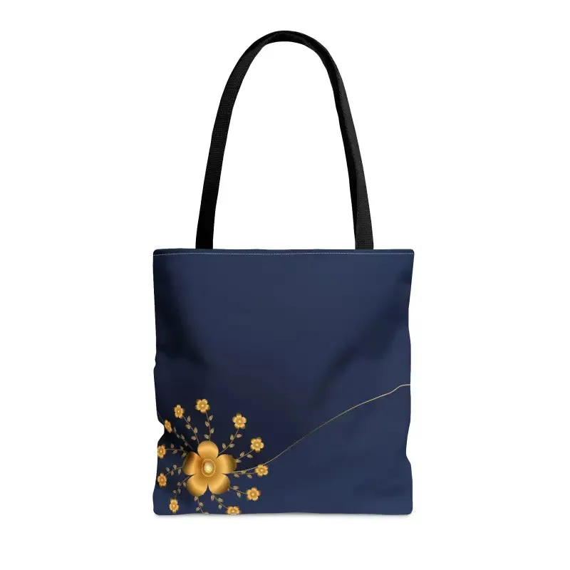 Chic Navy Blue Tote Bag with Elegant Gold Flowers