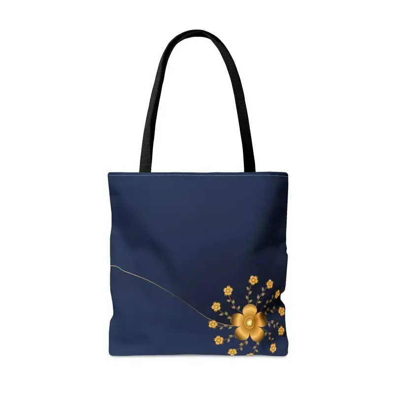 Chic Navy Blue Tote Bag with Elegant Gold Flowers