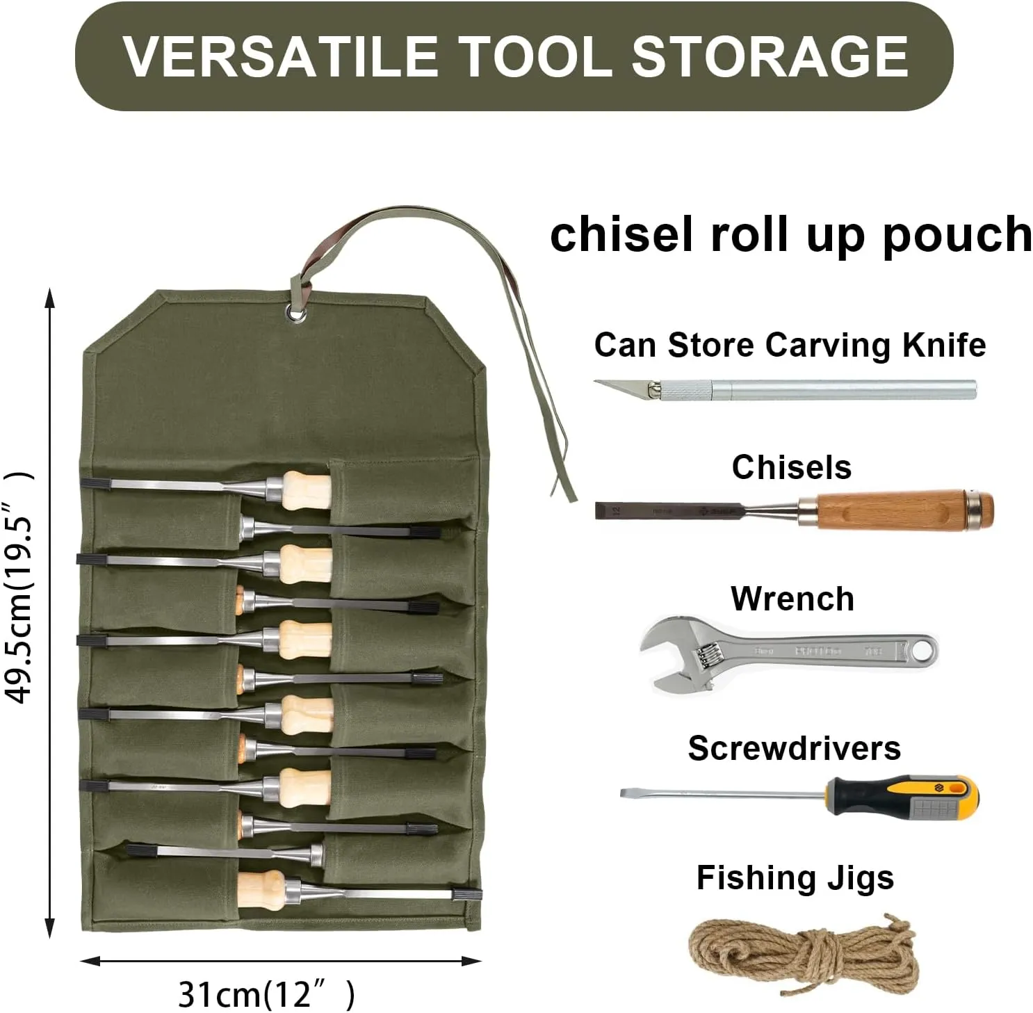 Chisel Roll,12 Pockets Roll Up Tool Pouch,Waxed Canvas Small Tool Roll Organizer and Wrench Roll Up Pouch,Store Chisel,Wrench,Pliers,Carving Knife,Best Gifts Bag for Carpenter