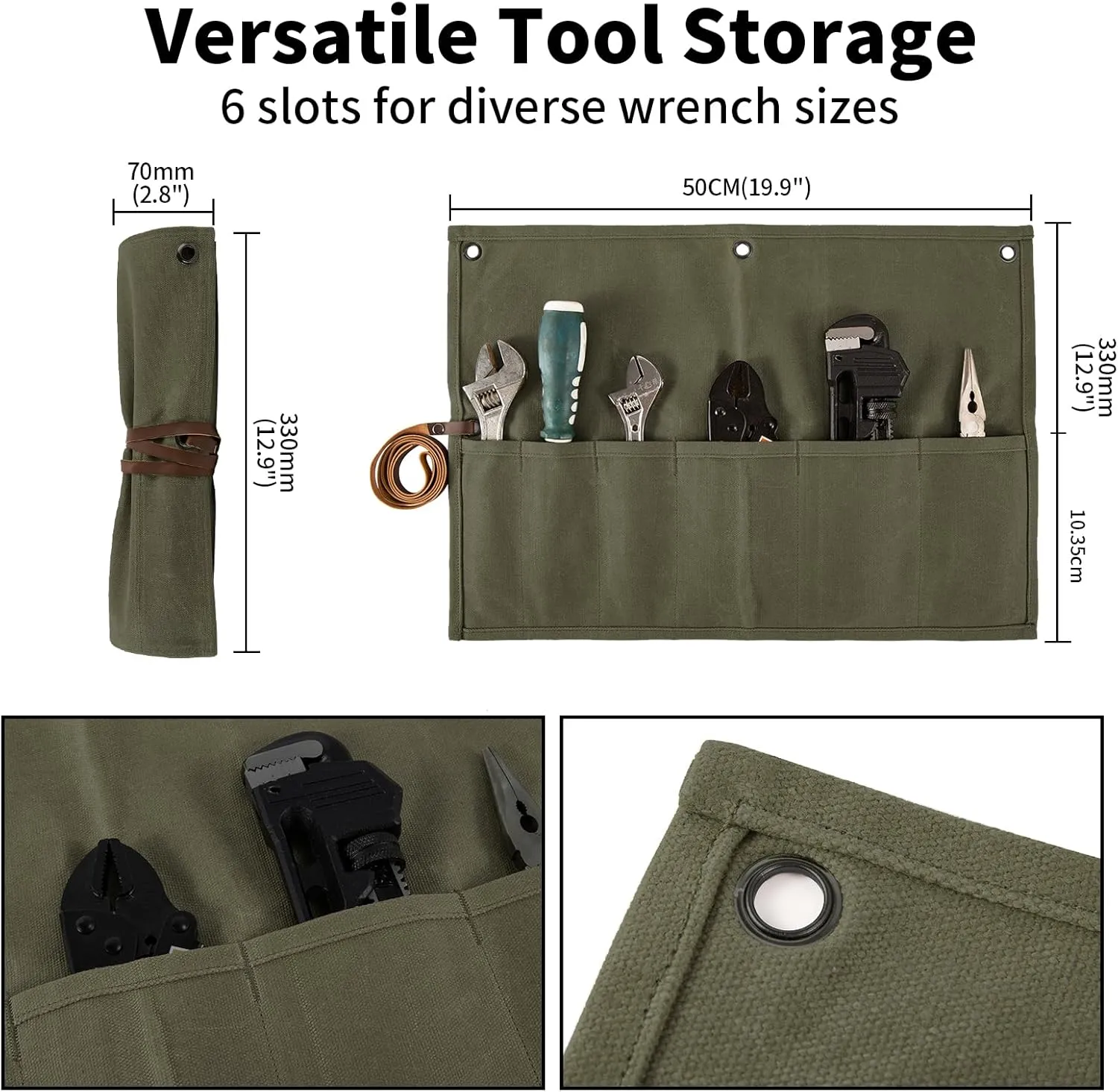 Chisel Roll,Small Tool Roll Pouch,Tool Roll Bag Organizer, Heavy Duty Waxed Canvas Tool Bag, Multi-Purpose Roll-Up Storage Bag for Hand Tools Holder With 6 Pockets Wrench Roll Up Pouch (Army Green)