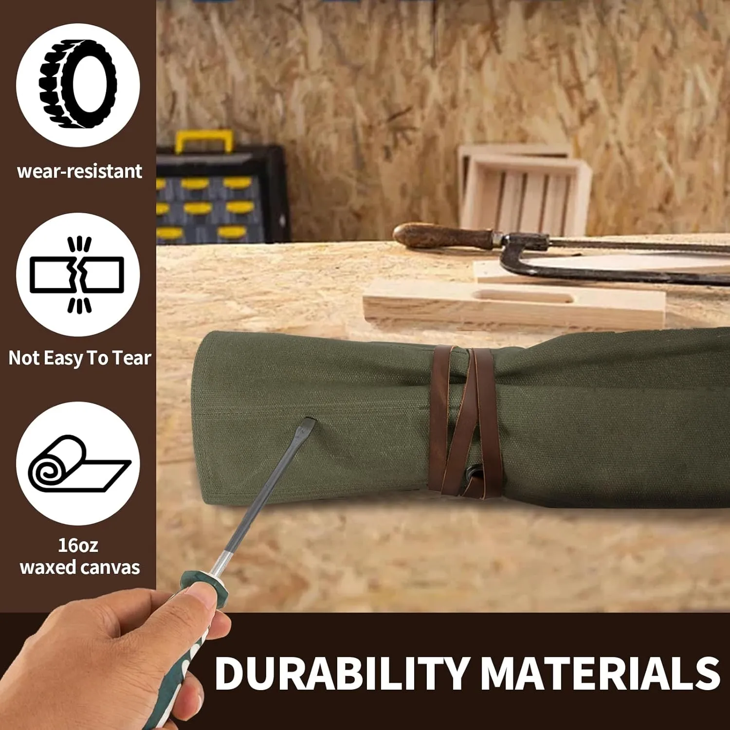 Chisel Roll,Small Tool Roll Pouch,Tool Roll Bag Organizer, Heavy Duty Waxed Canvas Tool Bag, Multi-Purpose Roll-Up Storage Bag for Hand Tools Holder With 6 Pockets Wrench Roll Up Pouch (Army Green)