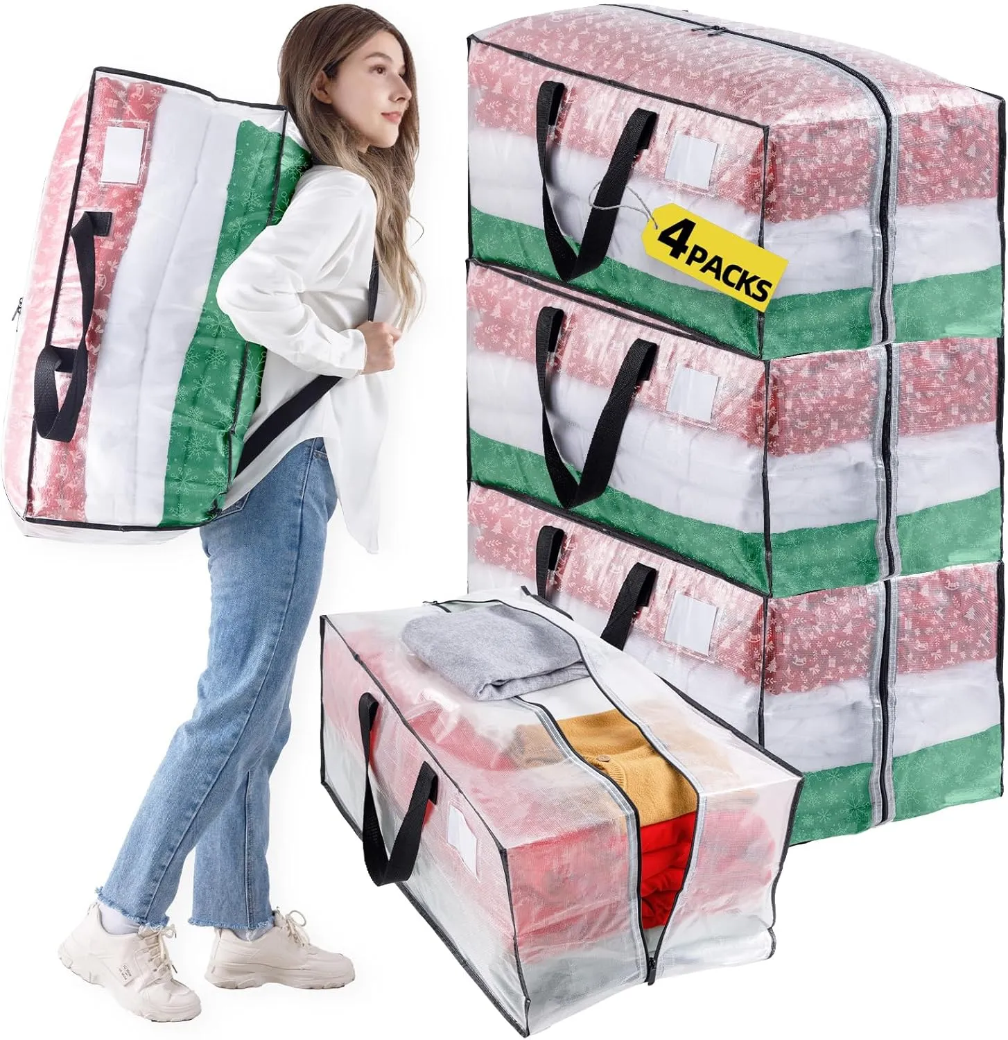 Clear 4 Packs Extra Large Moving Bags with Backpack Straps & Carrying Handles, Heavy-Duty Moving Boxes with Sturdy Zippers, Foldable Storage Totes for Dorm College Packing Supplies