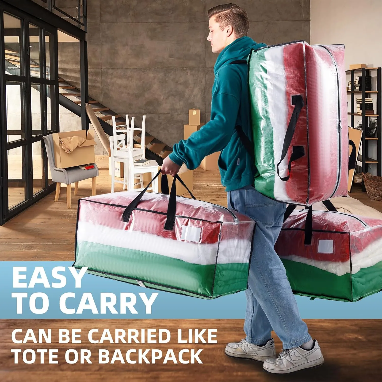 Clear 4 Packs Extra Large Moving Bags with Backpack Straps & Carrying Handles, Heavy-Duty Moving Boxes with Sturdy Zippers, Foldable Storage Totes for Dorm College Packing Supplies