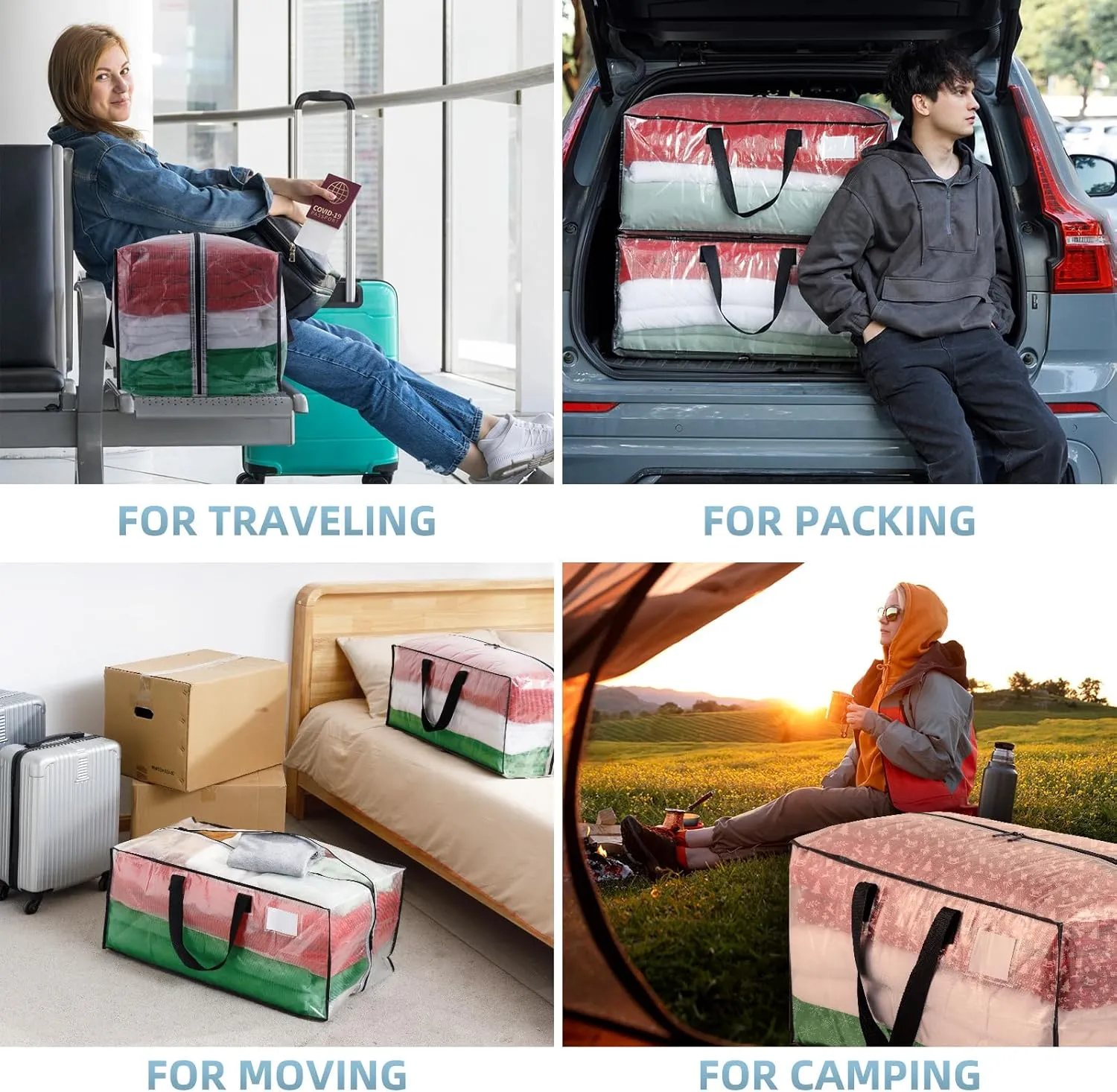 Clear 4 Packs Extra Large Moving Bags with Backpack Straps & Carrying Handles, Heavy-Duty Moving Boxes with Sturdy Zippers, Foldable Storage Totes for Dorm College Packing Supplies