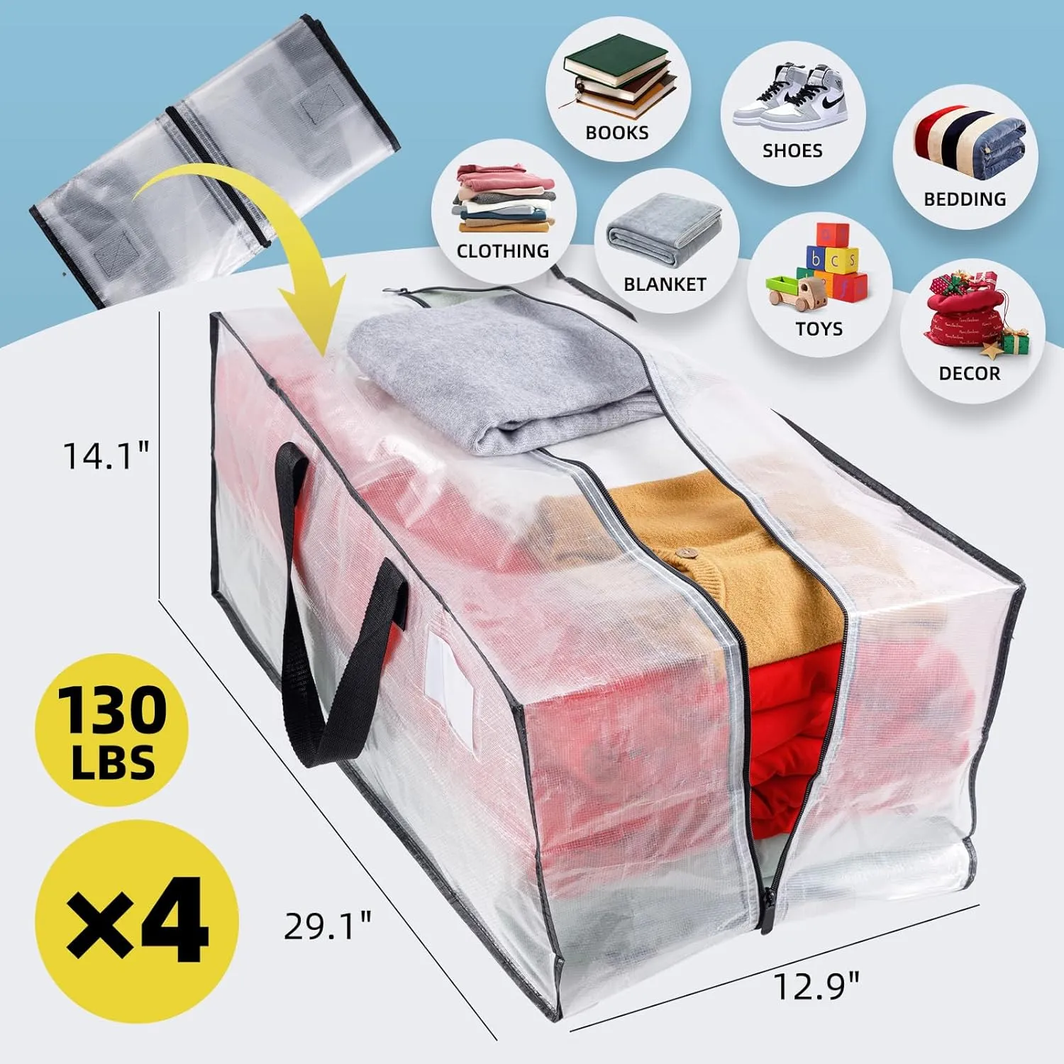 Clear 4 Packs Extra Large Moving Bags with Backpack Straps & Carrying Handles, Heavy-Duty Moving Boxes with Sturdy Zippers, Foldable Storage Totes for Dorm College Packing Supplies