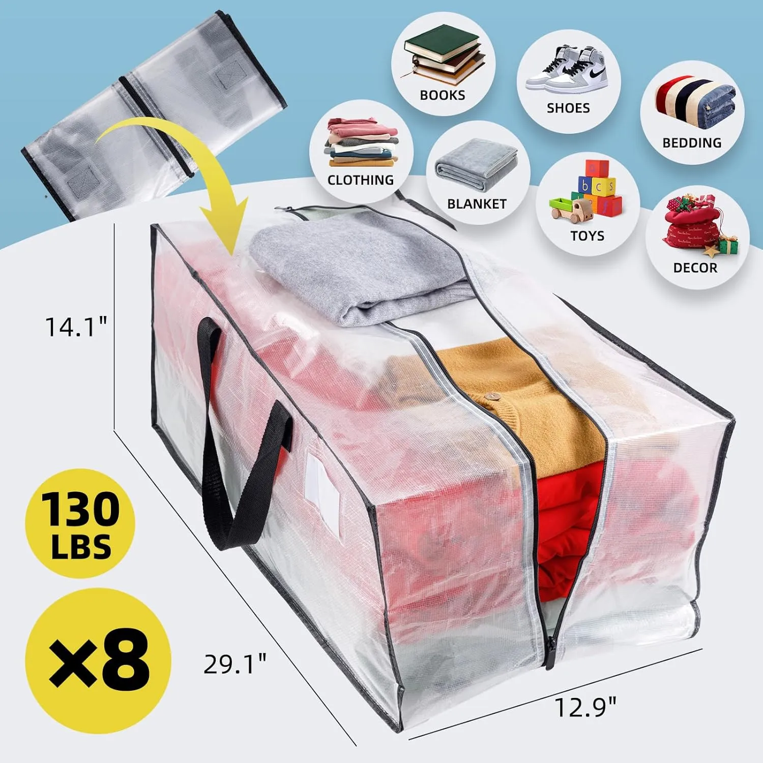 Clear 8 Packs Extra Large Moving Bags with Backpack Straps & Carrying Handles, Heavy-Duty Moving Boxes with Sturdy Zippers, Foldable Storage Totes for Moving, Dorm College Packing Supplies