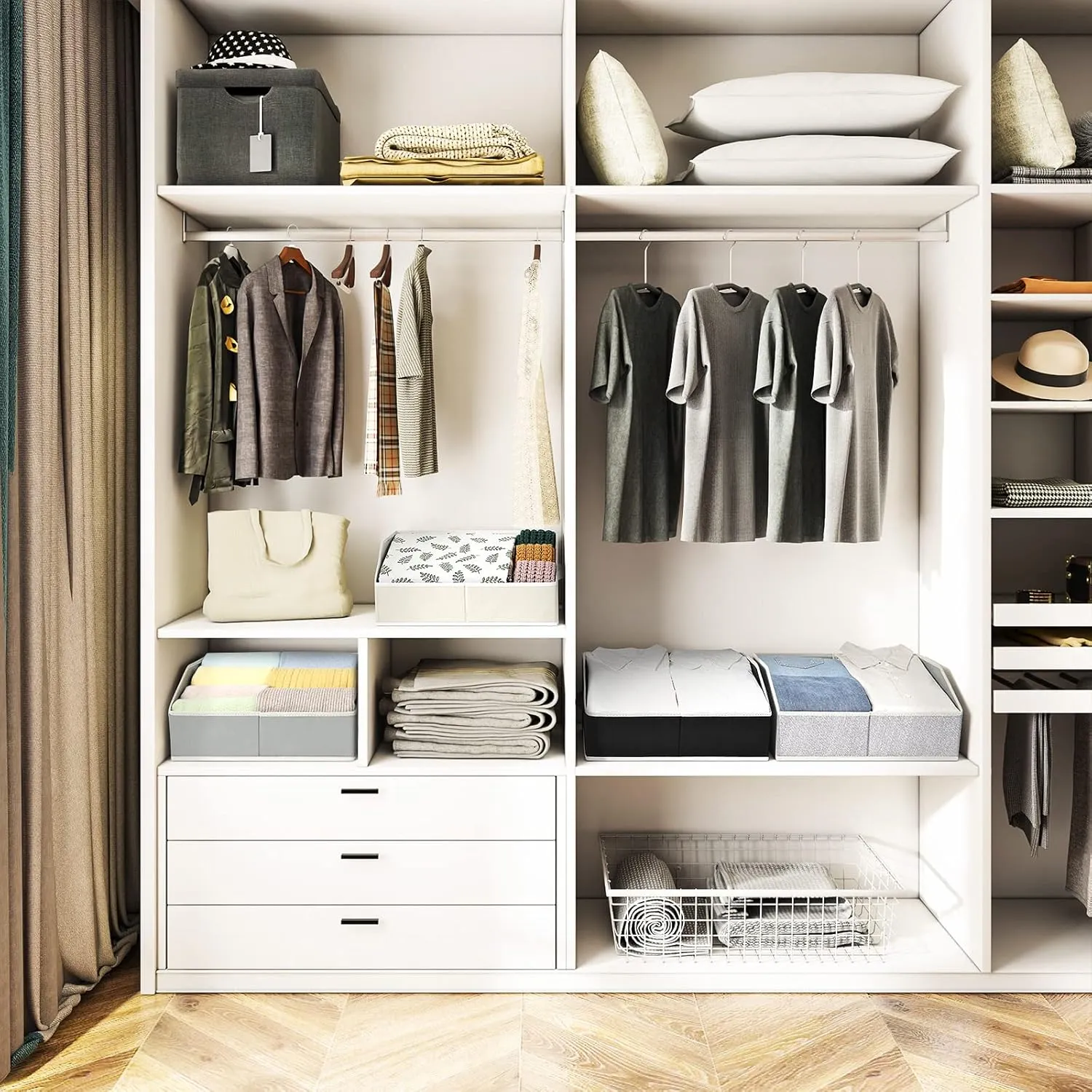 Closet Organizers Bins 6 Packs - Large Closet Shelf Organizer with Handles, Fabric Trapezoid Storage Bins, Collapsible Storage Cubes for Clothes, Towels, Light Gray