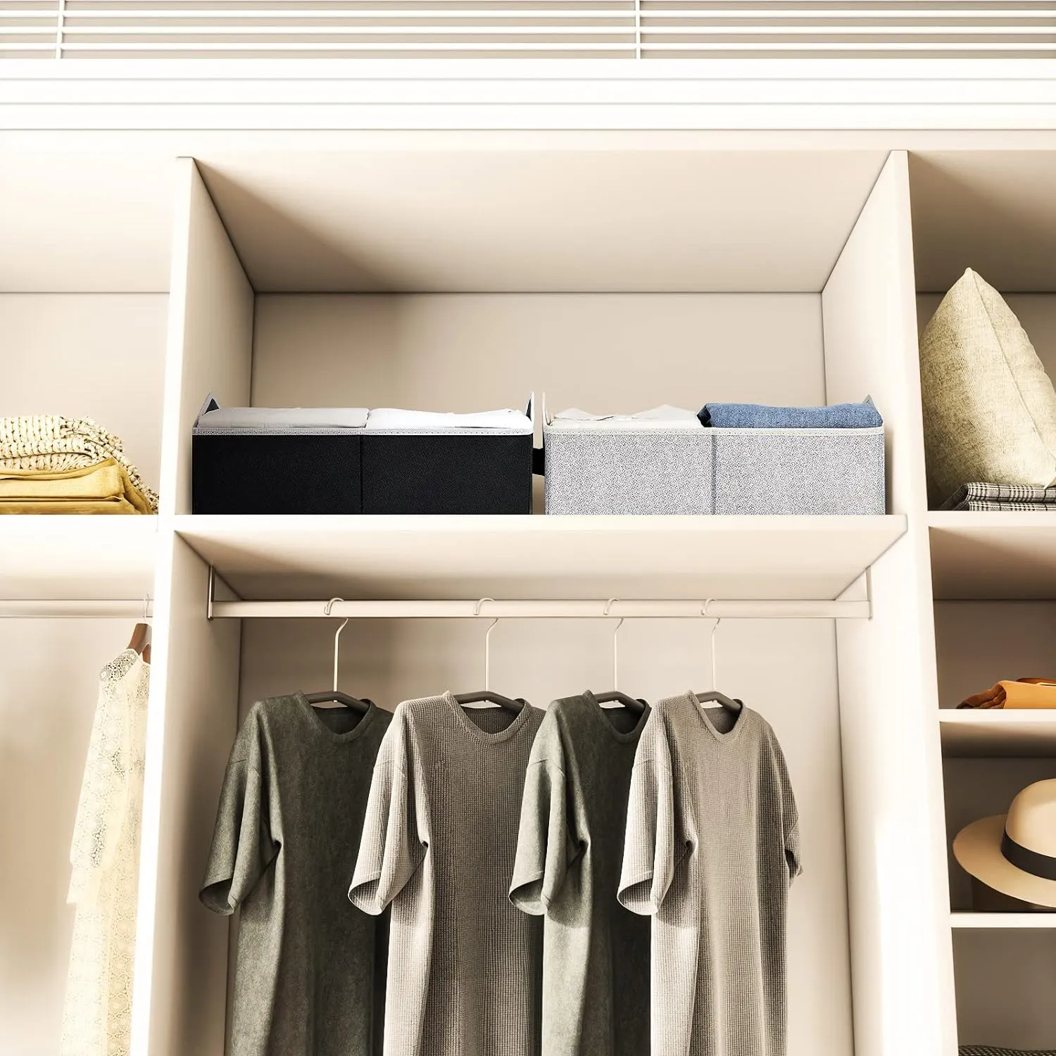 Closet Organizers Bins 6 Packs - Large Closet Shelf Organizer with Handles, Fabric Trapezoid Storage Bins, Collapsible Storage Cubes for Clothes, Towels, Light Gray