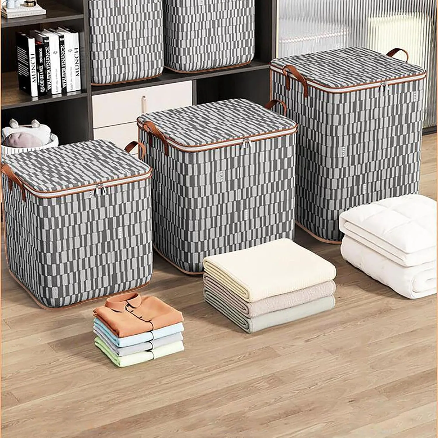 Clothes Storage Bag with Lids Non-woven Zipper Storage Bag Moving Quilt Storage Basket Travel Large-capacity for Pillows Blankets Storage (Large)