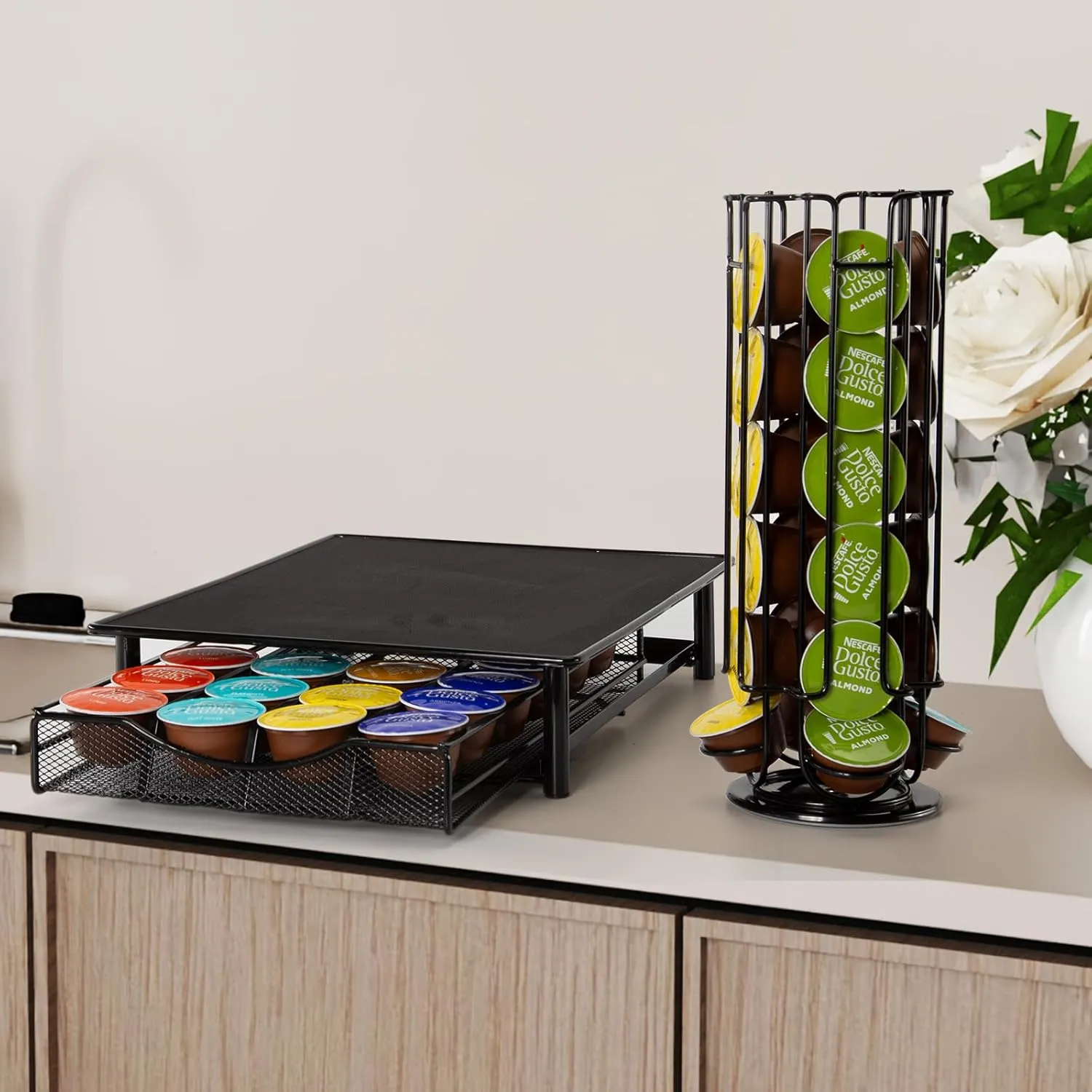 Coffee Pod Holder Storage Drawer Compatible with Dolce Gusto and K cup Capsules,24 Pod Pack Holder, Compact Under Coffee Pot Storage, Great for Small Space Counters.