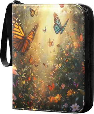 Colorful Butterflies Blooming Flowers Cards Binder 4 Pocket Fits 400 Cards with 50 Removable Sleevesves, Trading Card Collector Zipper Album Holder Portable Card Games Display Storage Cases