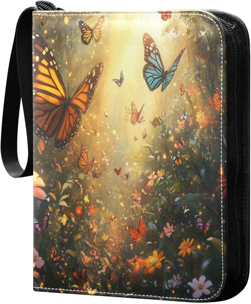 Colorful Butterflies Blooming Flowers Cards Binder 4 Pocket Fits 400 Cards with 50 Removable Sleevesves, Trading Card Collector Zipper Album Holder Portable Card Games Display Storage Cases