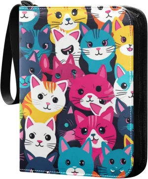 Colorful Cat Vector Card Binder 4 Pocket Trading Card Binder Portable Cards Collection Book with Zipper