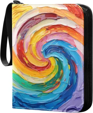Colorful Drawing Of Swirls Rainbow Card Binder 4 Pocket Trading Card Binder Portable Cards Collection Book with Zipper