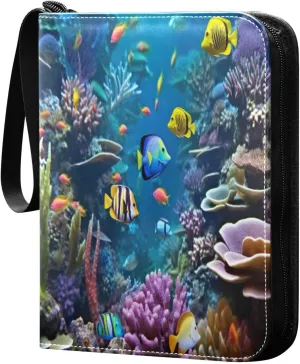 Colorful Fish Card Binder with 50 Removable Page Sleeves PU Leather Collectible Trading Card Albums Book with Zipper for Games Card,Baseball Cards
