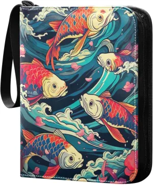 Colorful Fish Waves Card Binder with 50 Removable Page Sleeves PU Leather Collectible Trading Card Albums Book with Zipper for Games Card,Baseball Cards