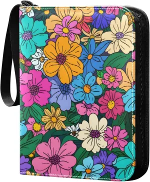 Colorful Floral Spring Card Binder 4 Pocket Trading Card Binder Portable Cards Collection Book with Zipper