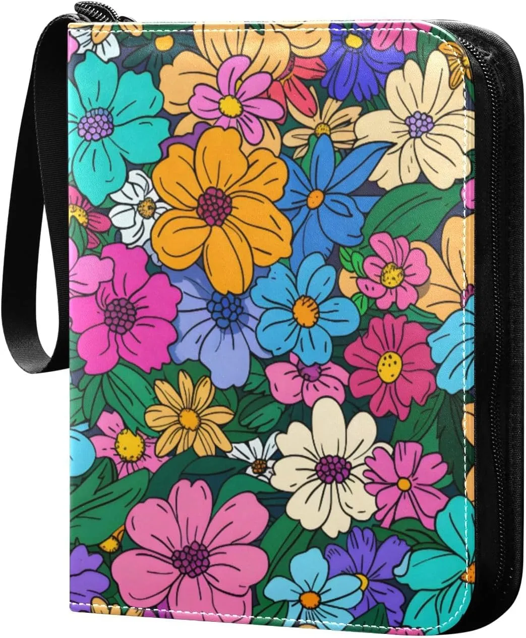 Colorful Floral Spring Card Binder 4 Pocket Trading Card Binder Portable Cards Collection Book with Zipper