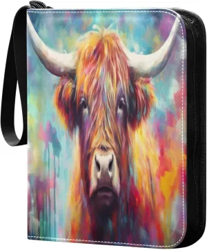 Colorful Highland Cow Card Binder with 50 Removable Page Sleeves PU Leather Collectible Trading Card Albums Book with Zipper for Games Card,Baseball Cards