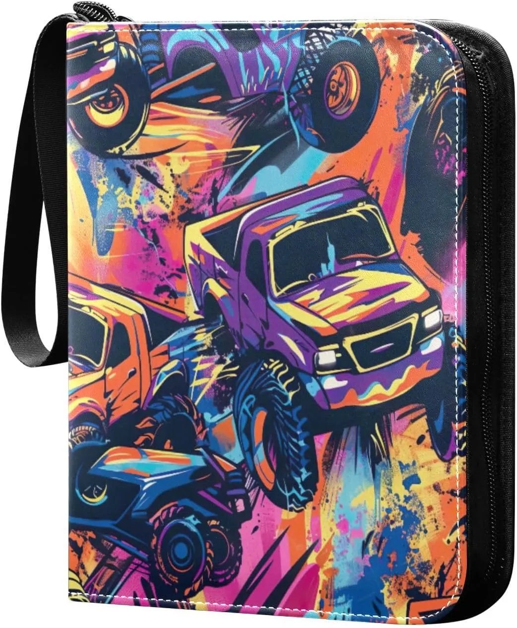 Colorful Monster Trucks Card Organizer Binder 4-Pocket Card Book Holder Fits 400 Cards for Baseball Card, Football Card