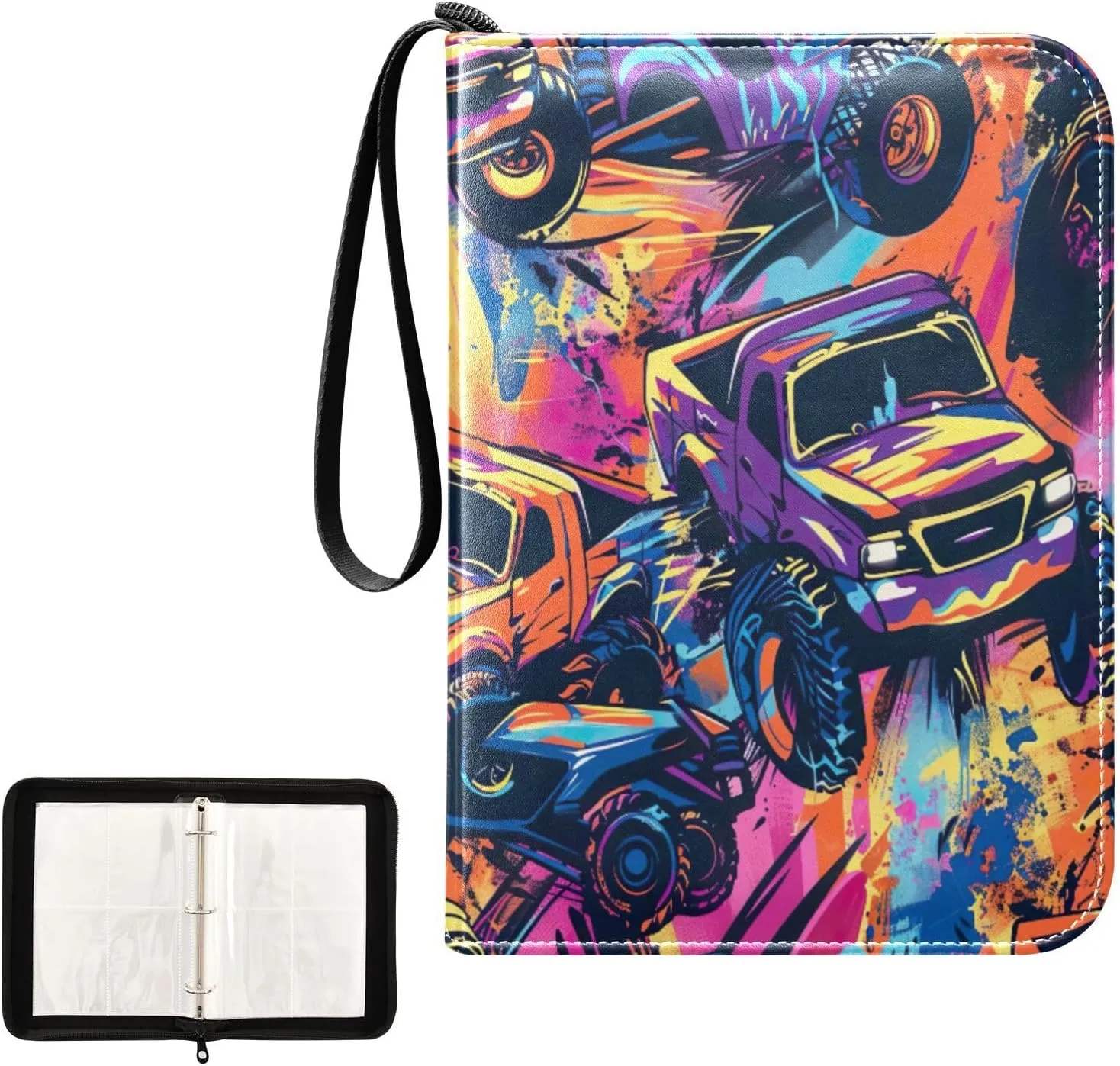 Colorful Monster Trucks Card Organizer Binder 4-Pocket Card Book Holder Fits 400 Cards for Baseball Card, Football Card