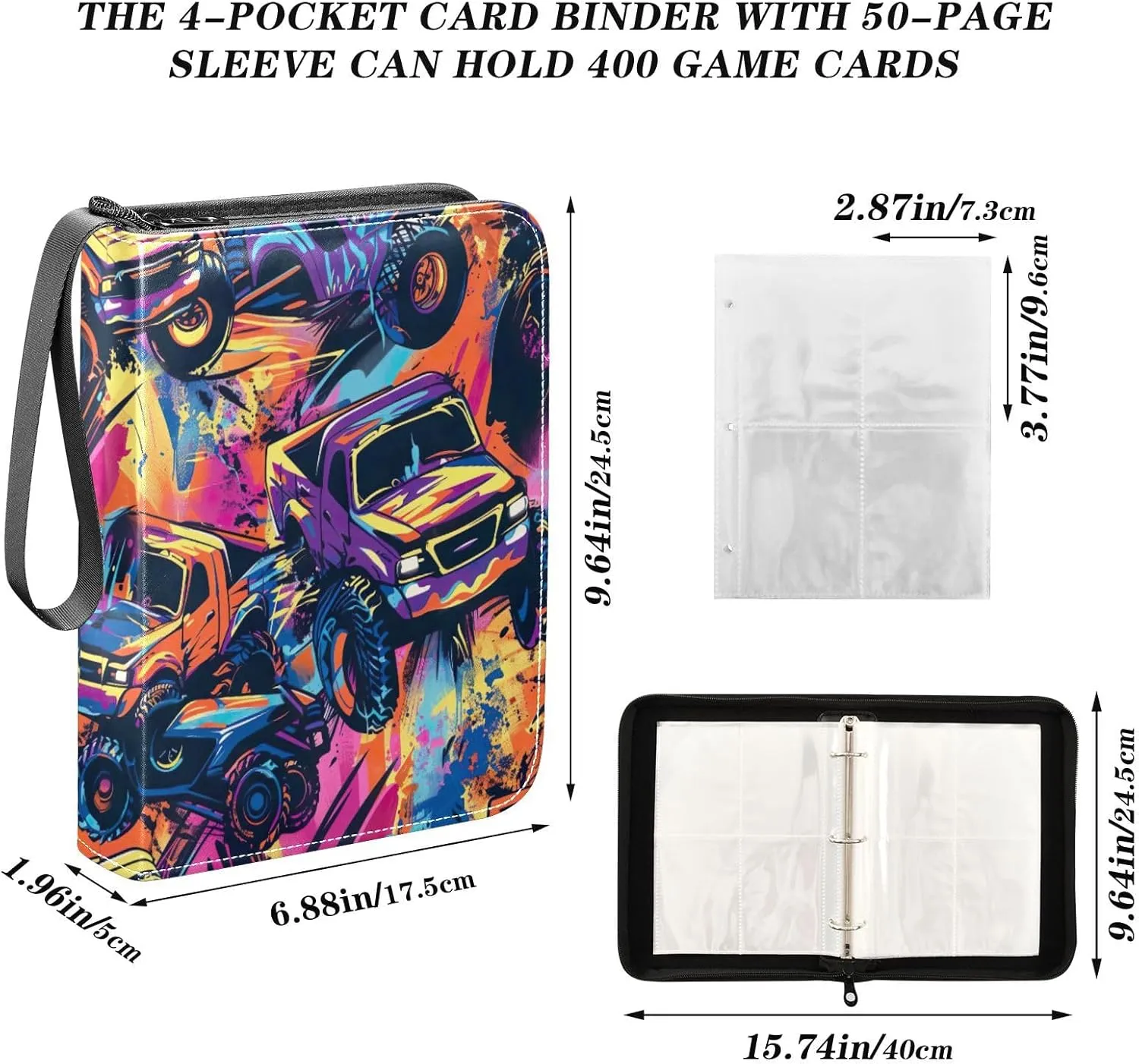Colorful Monster Trucks Card Organizer Binder 4-Pocket Card Book Holder Fits 400 Cards for Baseball Card, Football Card