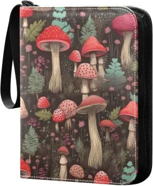 Colorful Mushrooms Card Binder with 50 Removable Page Sleeves PU Leather Collectible Trading Card Albums Book with Zipper for Games Card,Baseball Cards