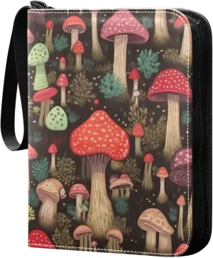Colorful Mushrooms Card Binder with 50 Removable Page Sleeves PU Leather Collectible Trading Card Albums Book with Zipper for Games Card,Baseball Cards